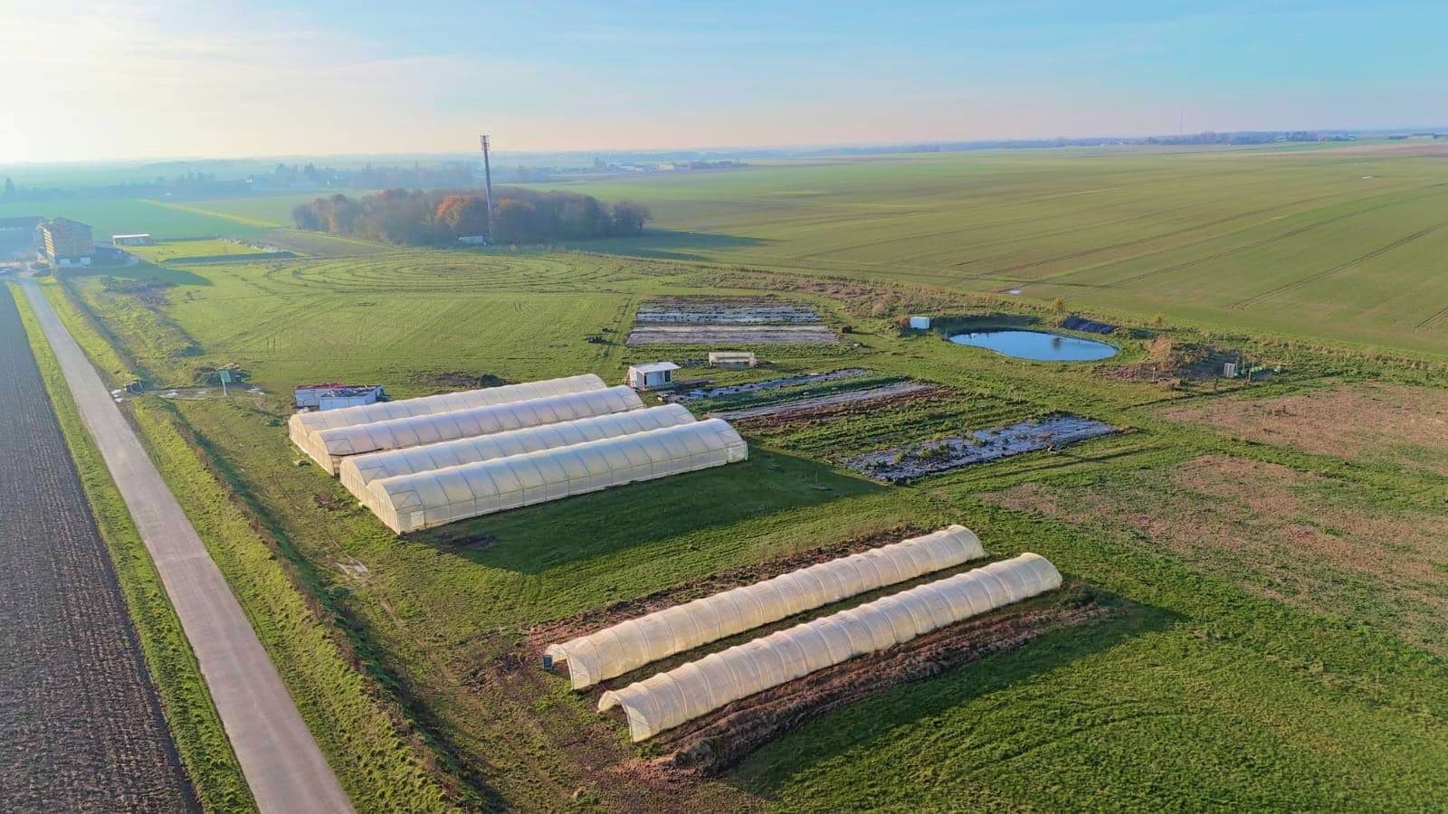 Vue aérienne de la ferme avec ses serres